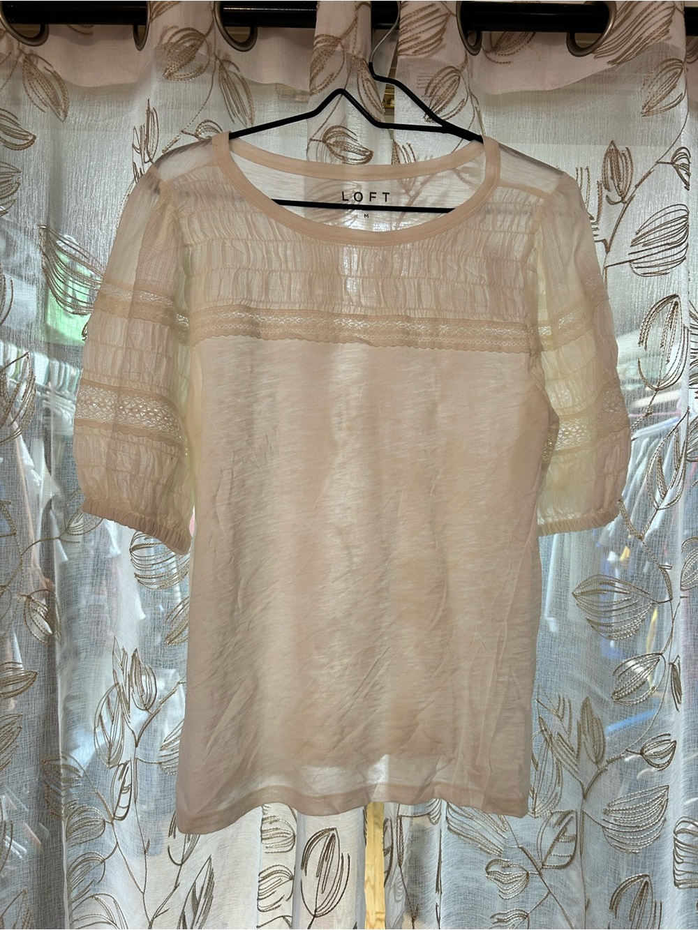 LOFT Cream Sheer-Inset Short Sleeve Blouse